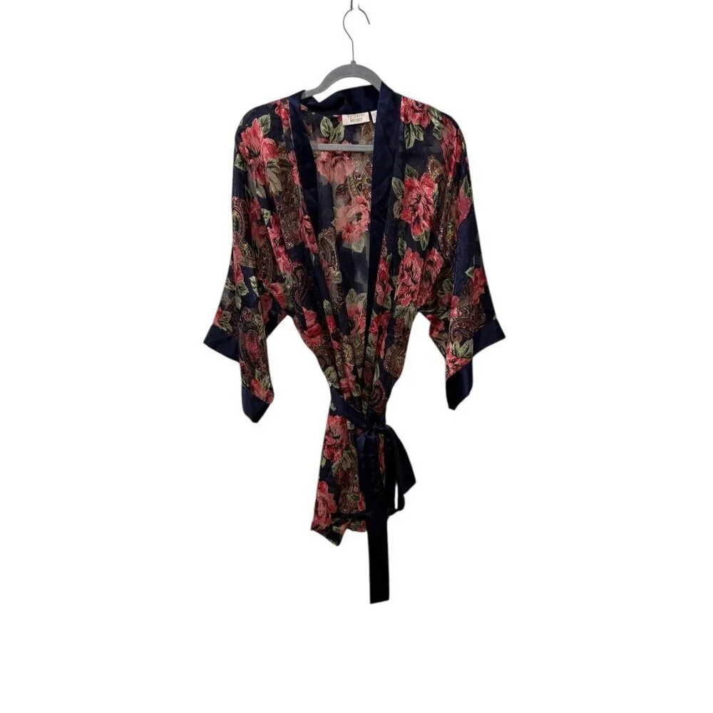 Vintage Gold Tag Victorias Secret Floral Paisley Robe With Waist Tie Navy/Red OS
